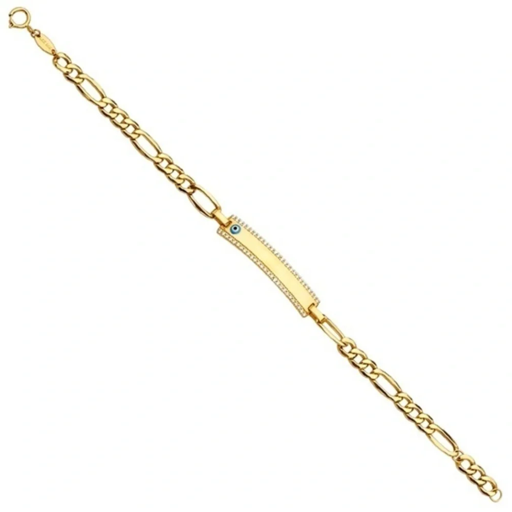 Kids 14k Yellow Gold Blue Evil Eye ID Bracelet